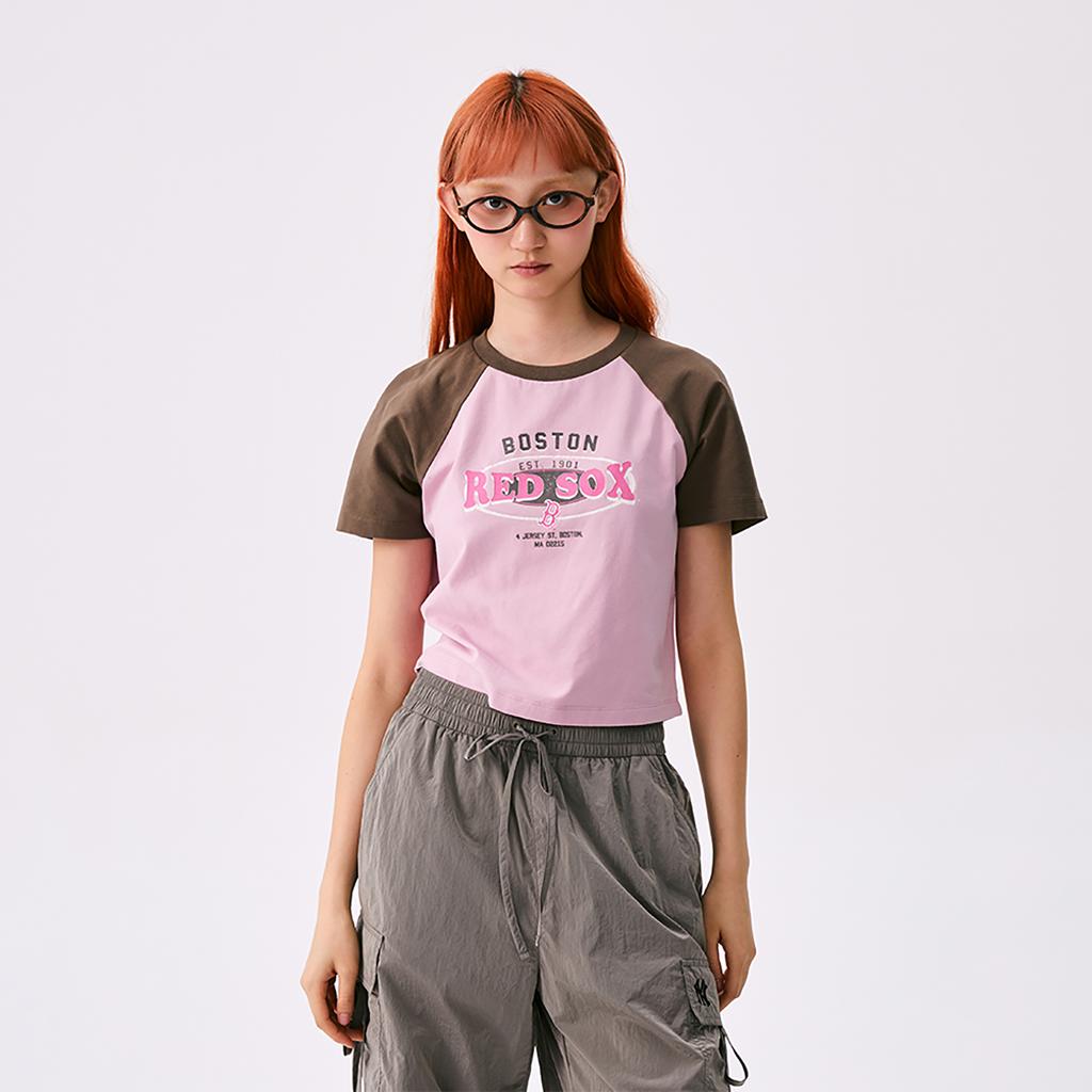 New MLB Preppy Style Collection Boston Red Sox SS25 Raglan Sleeve T Shirt Women's Pink 3FTSV0853-43PPM