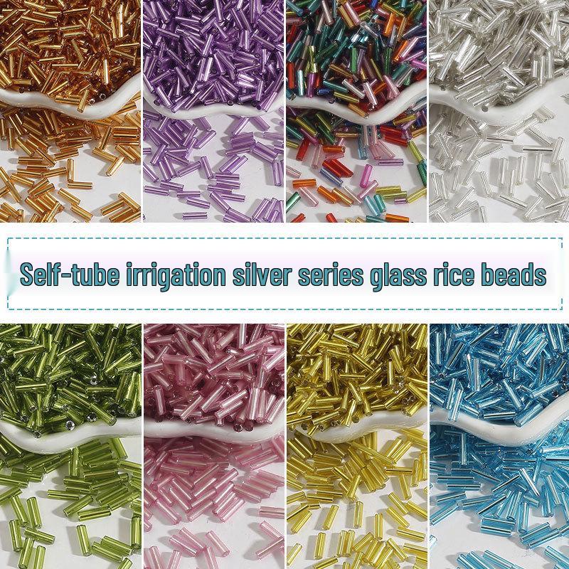 Silver-Filled 2x7mm Rice Tube Glass Beads for Handmade DIY Jewelry and Clothing Accessories