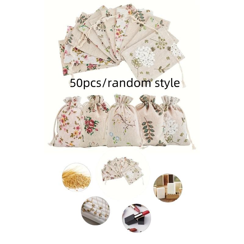50 Pcs Pack Natural Floral Printed Linen Drawstring Bags White for Jewelry Wedding Decor Rustic Party Favors Gift Bags.