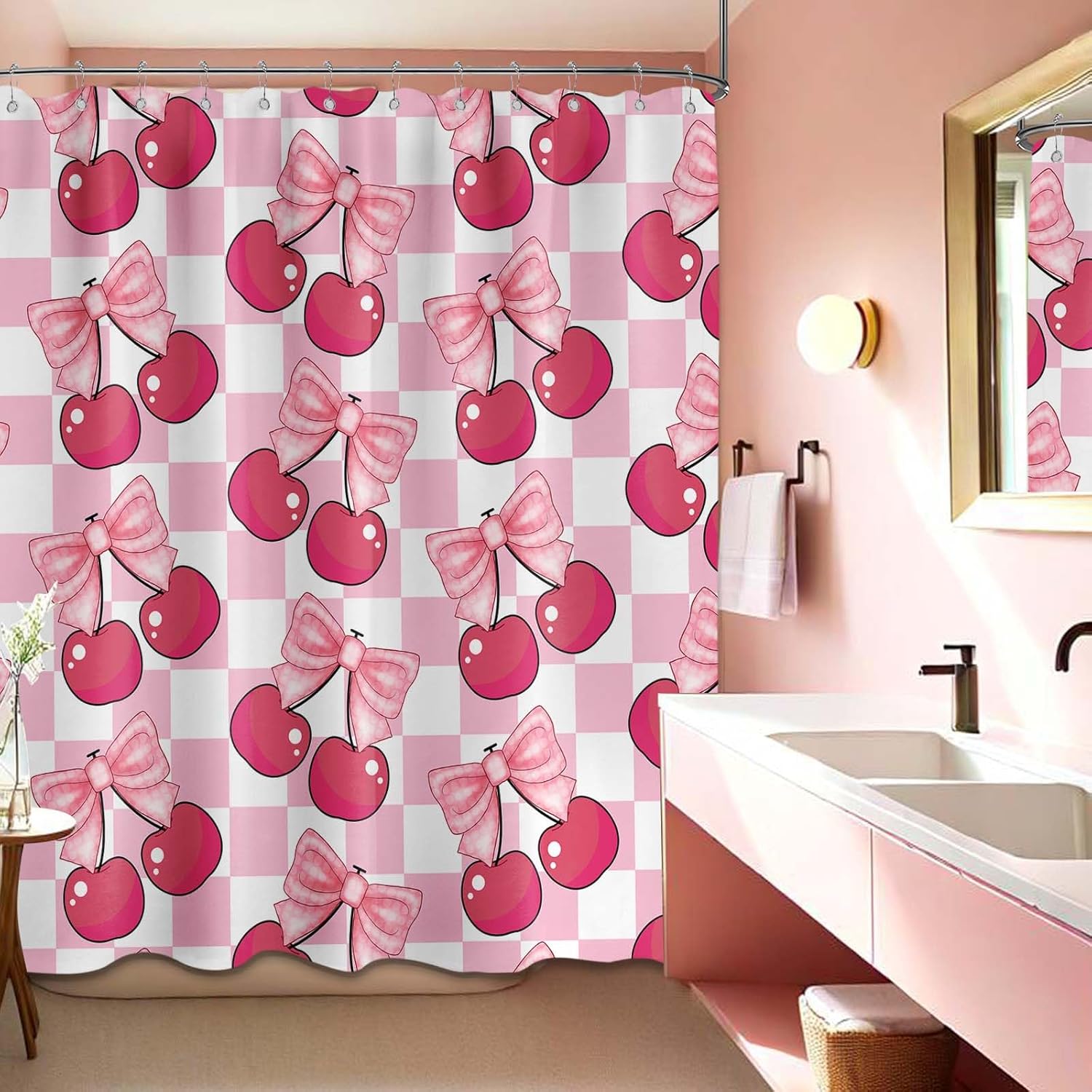 

Pink Bowknot Cherry Shower Curtain Preppy Checkered Groovy Y2K Girls Bathroom Decor, Waterproof Fabric 72 X 72 Inchwith Hooks W60H190(CM)-1 Pcs