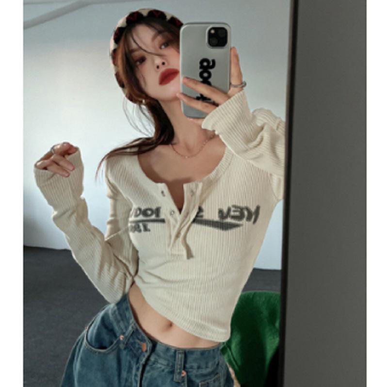 Autumn Women's Slimming Long-Sleeve Half-Open Collar Printed Top - Sexy, Pure Style