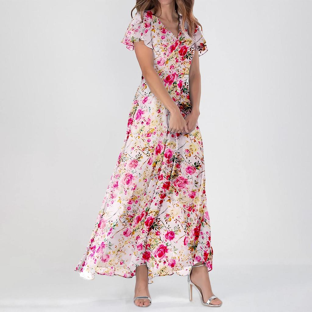 Robes d'été décontractées à manches courtes pour femme - Robes longues à fleurs mignonnes - Robes d'invitées de mariage - Robes fluides en mousseline de soie