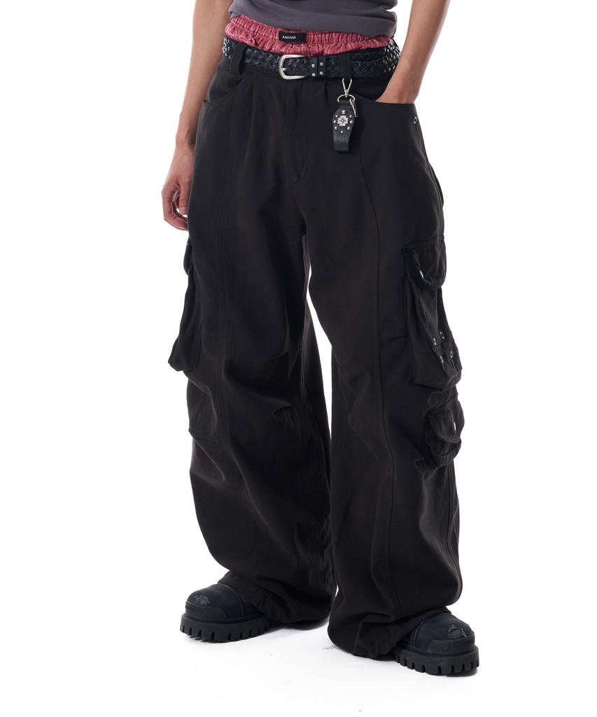 AAKAM 98 Knee Pin-Tuck Contrast Cargo Pants (Black)