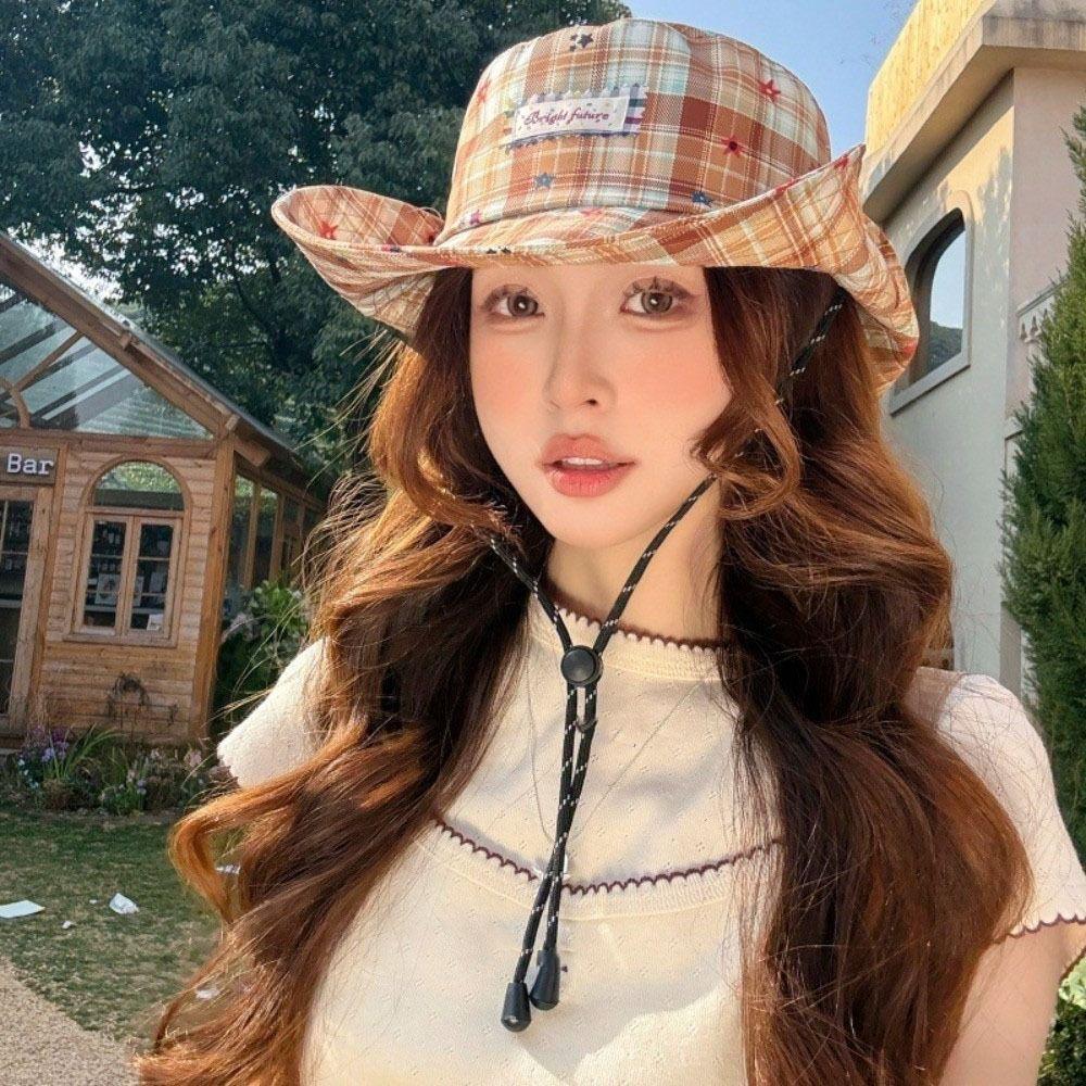 Sun Protection Plaid Fisherman Hat Star Sunscreen Bucket Hat Casual Women Sun Hat Riding