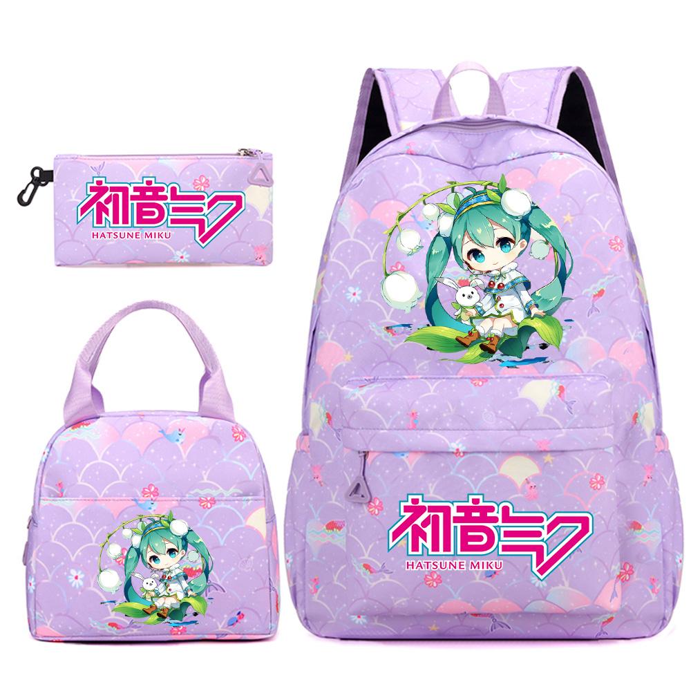 3 Stück/Set Anime Cartoon Hatsune Miku Bedruckter Rucksack Handtasche Federmäppchen für Teenager Schüler Mädchen Jungen Große Kapazität Wasserdicht Schultasche Reisetasche