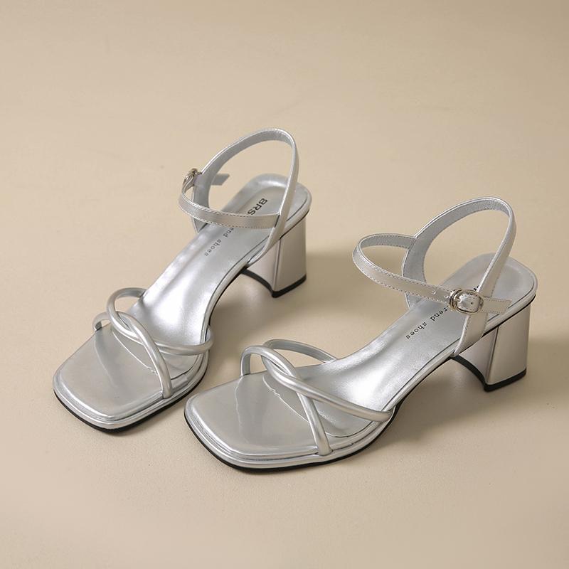 Summer Square Toe Women Silvery Sandals Fashion Ladies Outdoor Dress High Heel Gladiator Sandalias