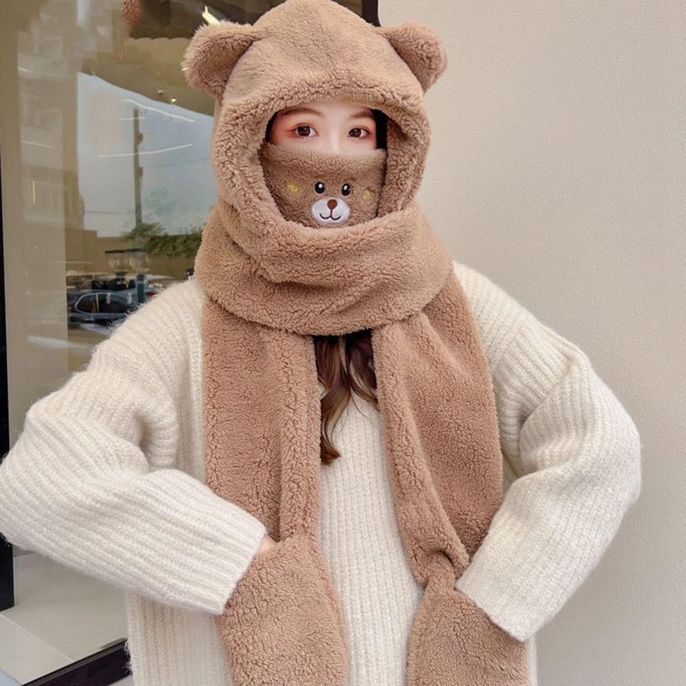Hat Cute Cap With Mask Bear Ears With Earmuffs Lamb Fleece Hat Winter Gloves Women Plush Hat Scarf