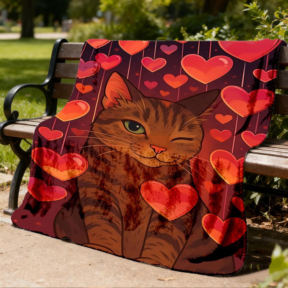 1pc Heart Cat Print Outdoor Flannel Blanket , Machine Washable Perfect Gift for Birthday , Holiday Travel Accessory , Durable Material