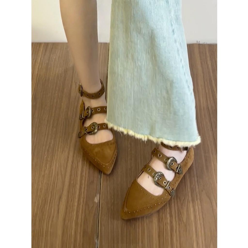 Hong Kong Island Twilight~ Retro Rivet Pointed Flat Mary Jane Shoes 2025 Autumn New One-word Buckle Light Mouth Single Shoes