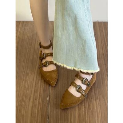 Hong Kong Island Twilight~ Retro Rivet Pointed Flat Mary Jane Shoes 2025 Autumn New One-word Buckle Light Mouth Single Shoes