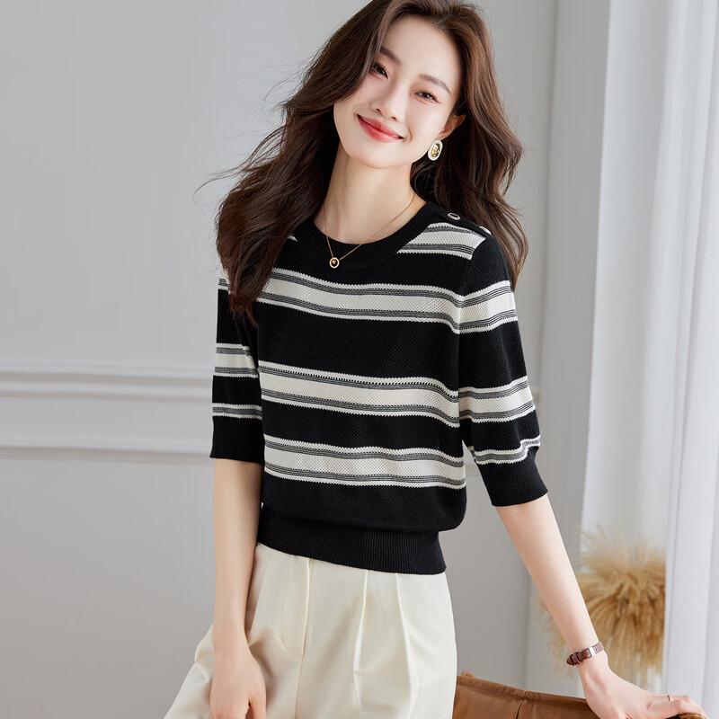 

Srcr Women s Contrast Wool Blend Half-Sleeve Knit Top L