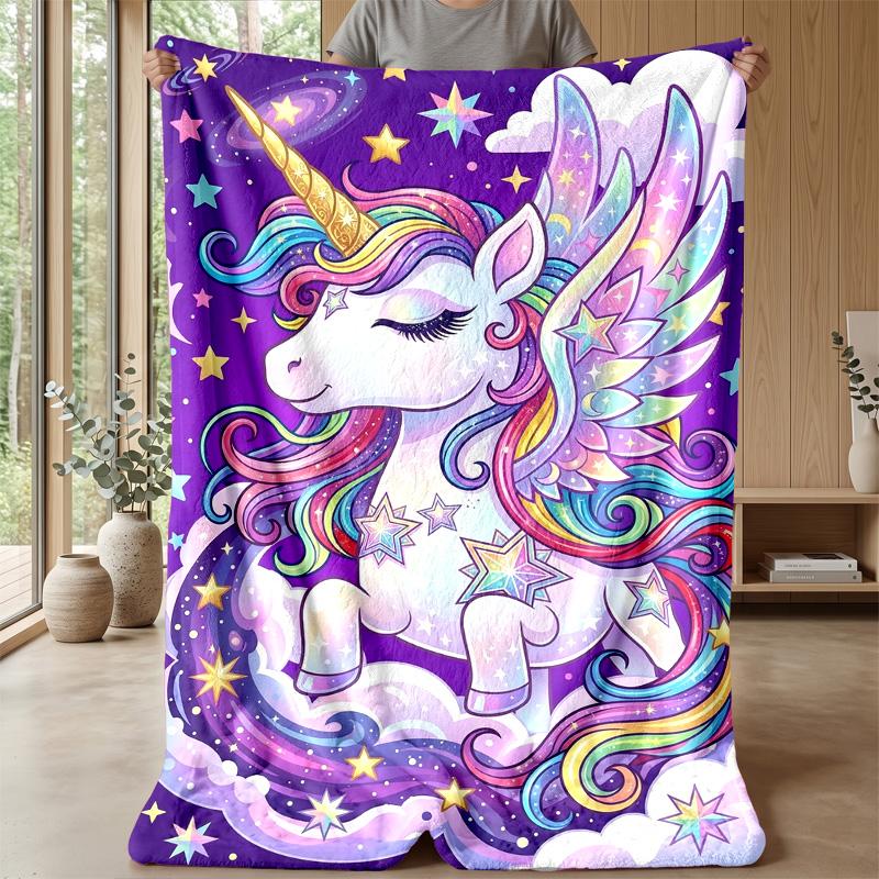 Rainbow Winged Unicorn Theme Blanket Lightweight Warm Flannel Blanket Decorative Throw Blanket for Home Decoration