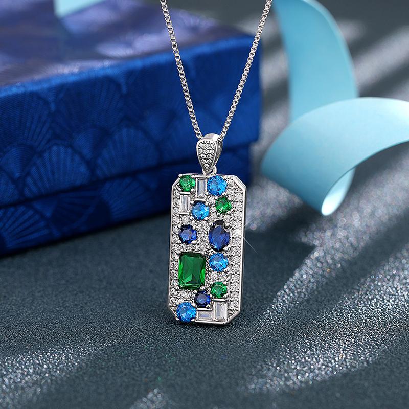 Huitan Collier Pendentif Géométrique de Luxe Complet avec Zircone Cubique Bleu/Vert Nouveaux Accessoires de Cou Tendance pour Femmes Bijoux de Mariage