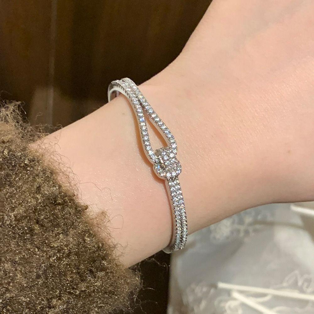 Crystal Knot Cross Wide Open Bangle Light Luxury Rhinestone Bracelet Creative Cuff Bangles  Gift