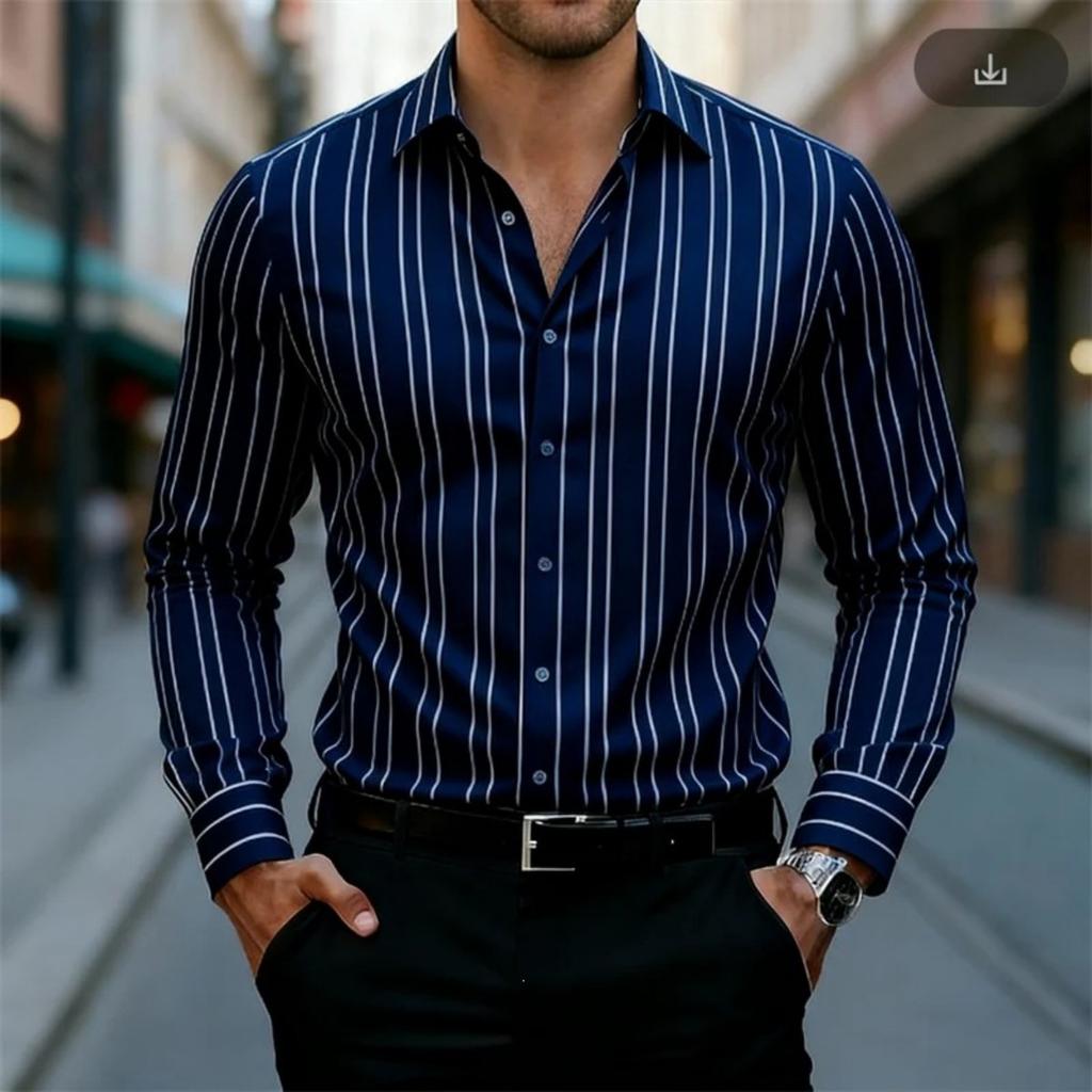 Chemise rayée à manches longues, tenue formelle décontractée élégante pour hommes, élégante et polyvalente.