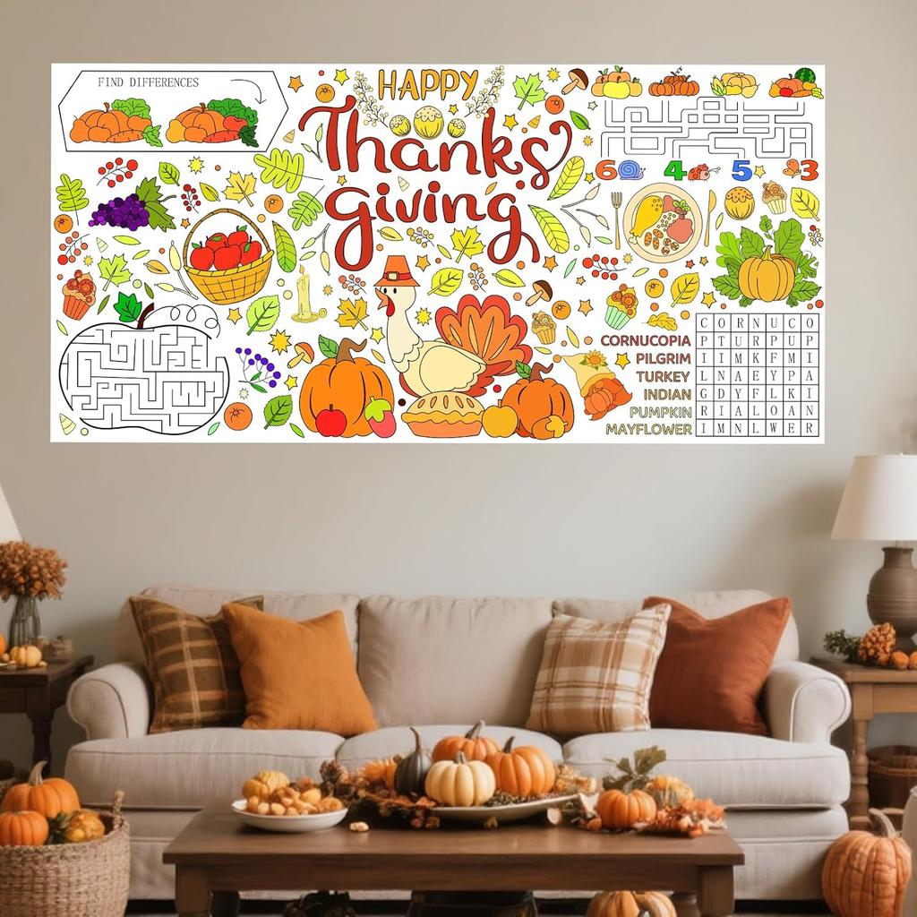 Thanksgiving Giant Coloring Poster, Paper Fall Turkey Themed Tablecloth for Party, Family Activities Games Crafts Gifts Decorations, 30 x 72 Inches