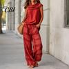 Relaxed Fit Drawstring Pants Women Top 2-Piece Set, Summer Ruffle Mock Neck Sleeveless Lightweight Outfits & Plaid Wide Leg Pants, Vintage Loose
