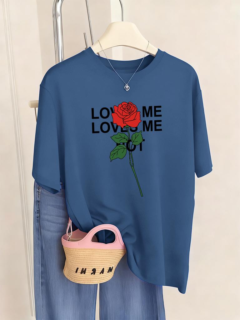 Loved Me Rose Flower Printed TShirts Women Casual ONeck Short Sleeve Tops Comfortable Loose T Shirt Summer Soft Womans Clothes
