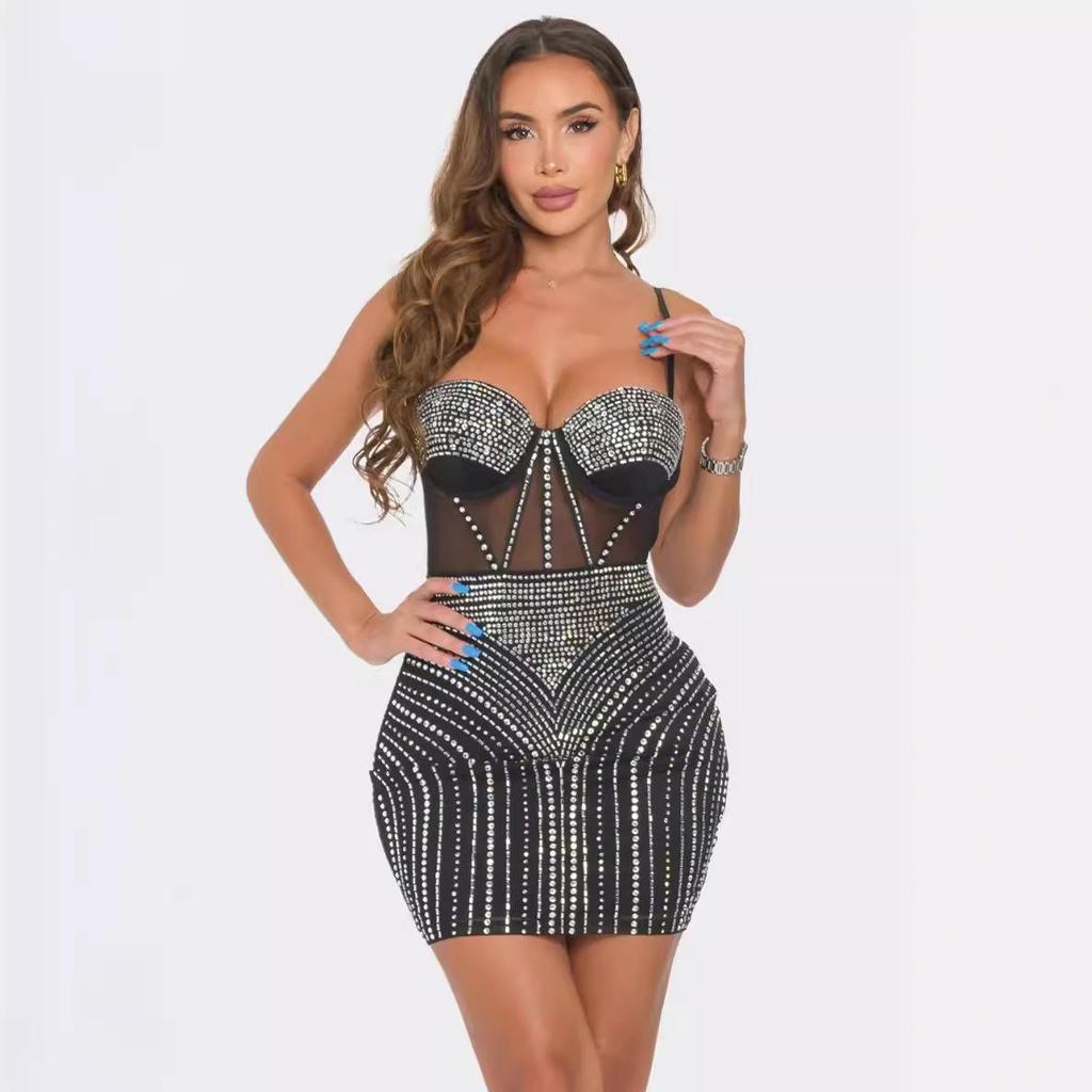 European-American Sexy Sheer Patchwork Bodycon Camisole Dress with Hot Drill Design