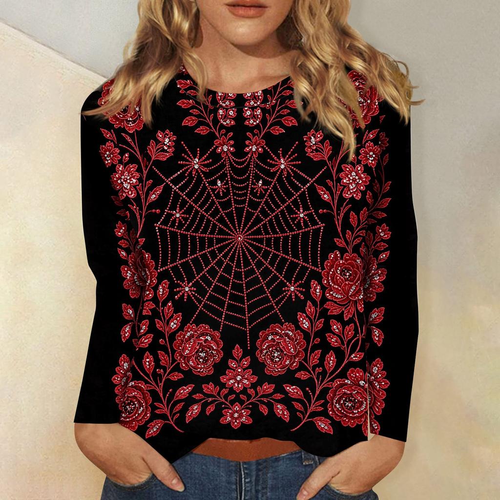 Women's Long Sleeve Halloween Print Neck Tunic Top Casual Pullover