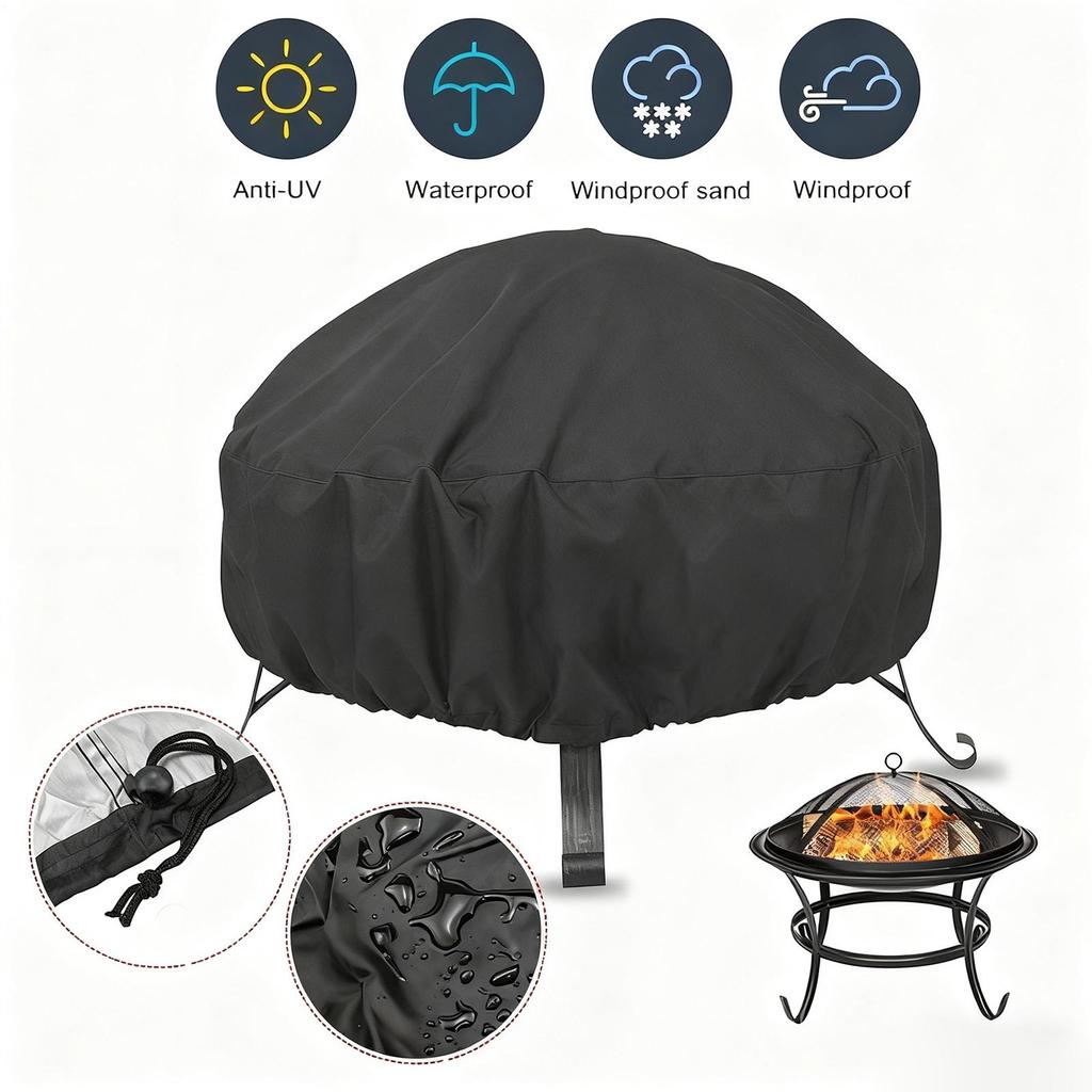 Cover For Fire Pit Windproof Oxford Fabric Round Fire Pit Protector For Outdoors For Snow Debris Bird Droppings Rain Sunlight