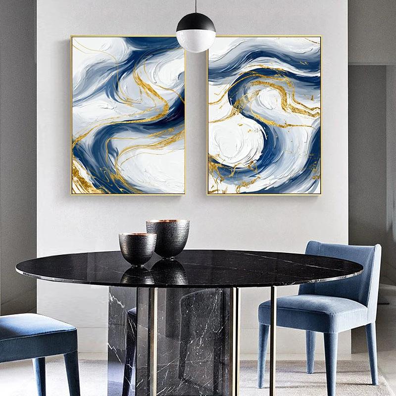 Luxury Style Blue Golden Abstract Simplicity Graphic Art Contemporary Canvas Painting Poster Print Wall Picture Home Decoration