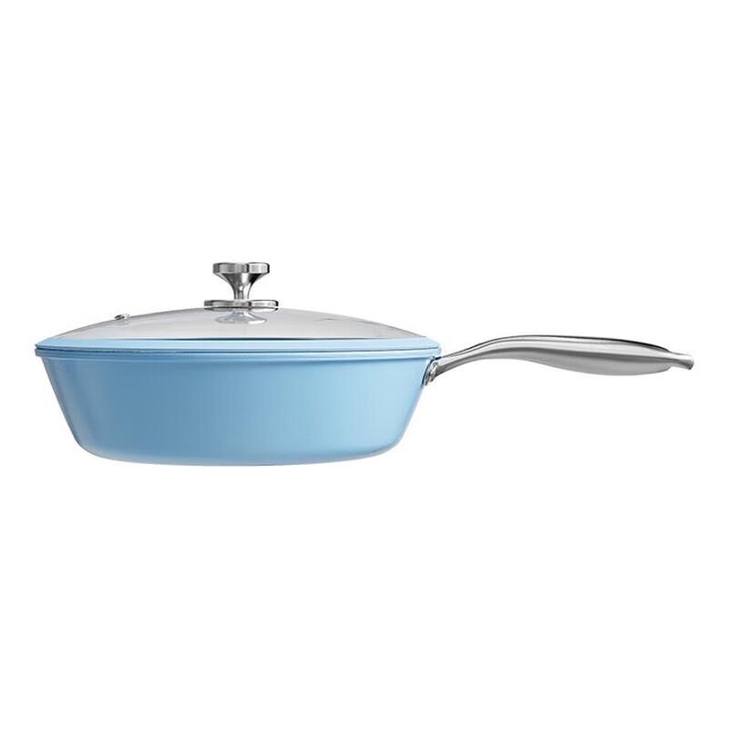 Wok in Ceramica Antiaderente Blu Nebbia con Coperchio, 26cm
