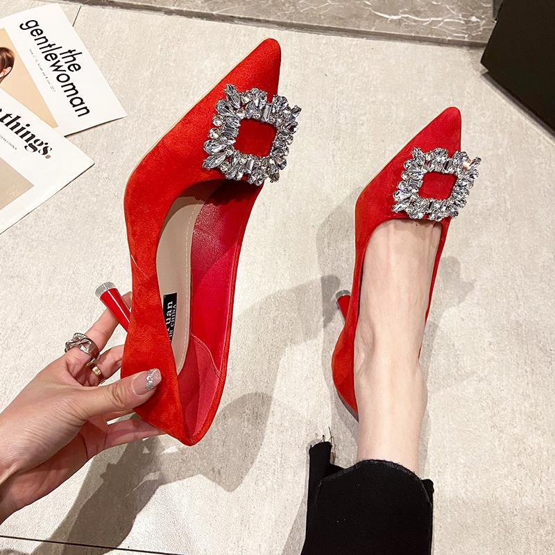 Fashion Women Shoes Fashion Rhinestone Square Buckle Bridesmaid Wedding Shoes Solid Flock Pointed Toe Stiletto Pumps French High Heels