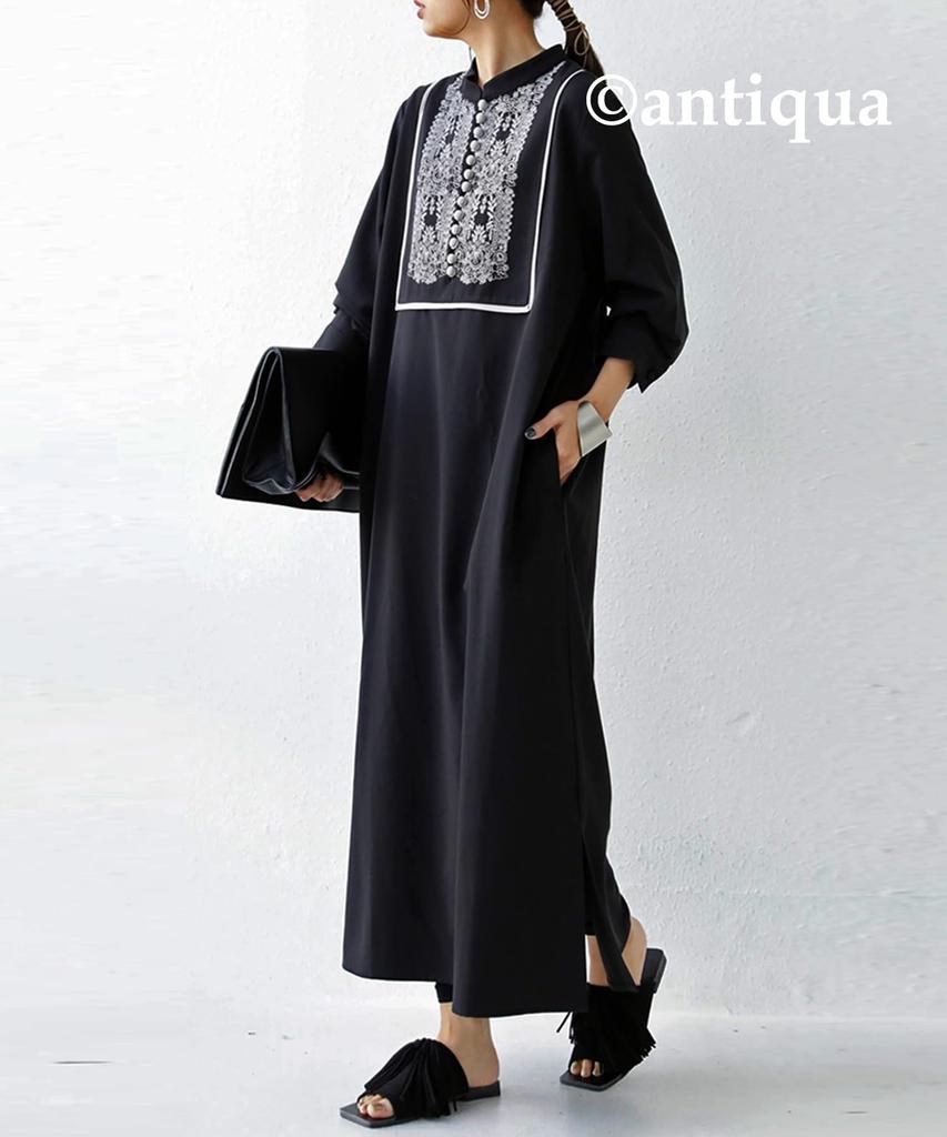 Antiqua Embroidered Long Free Size Black Women's Dress, Sleeve, UK-00121, 05,