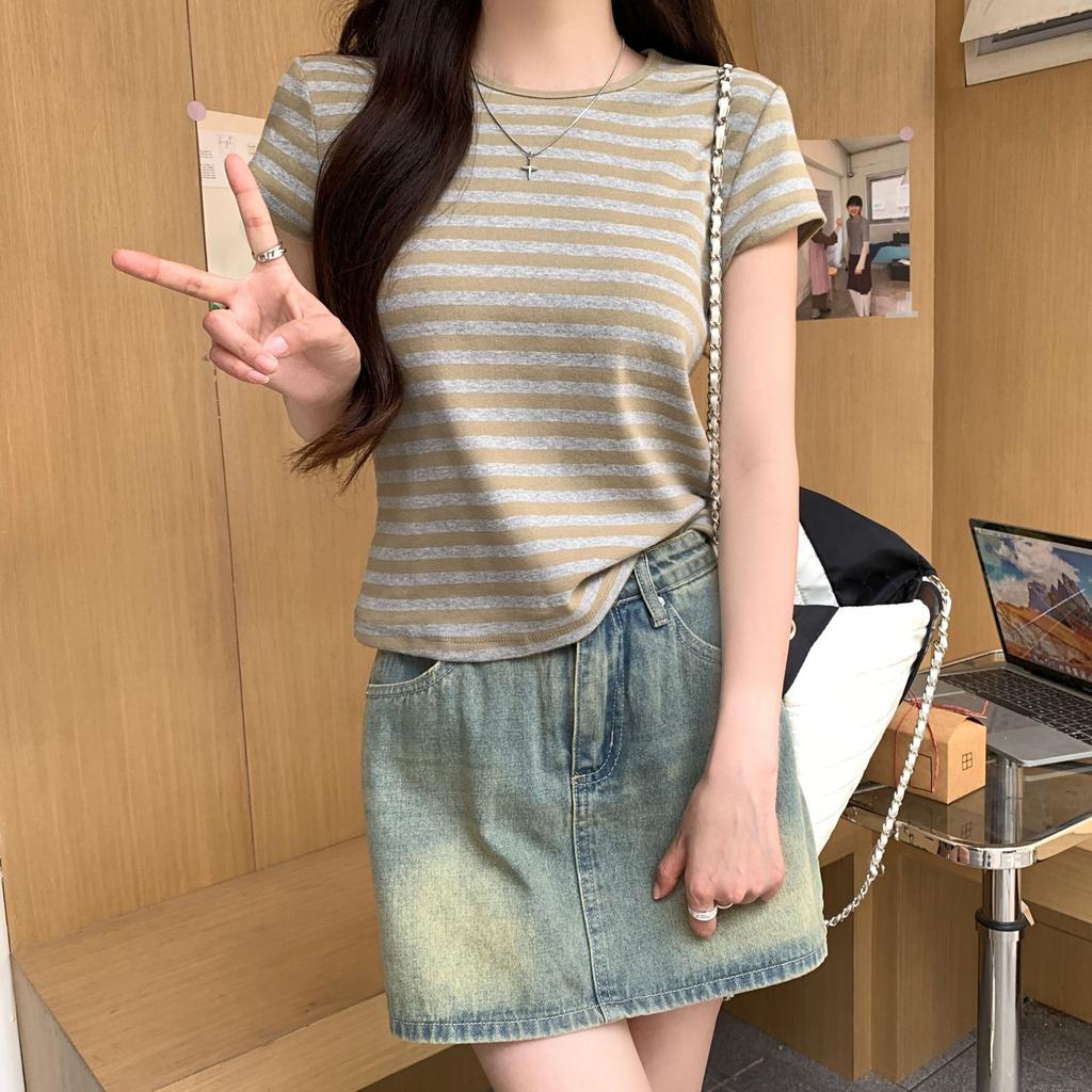 Pink Striped Cotton Front Shoulder Short-sleeved T-shirt for Women In Summer Small T-shirt Short Top