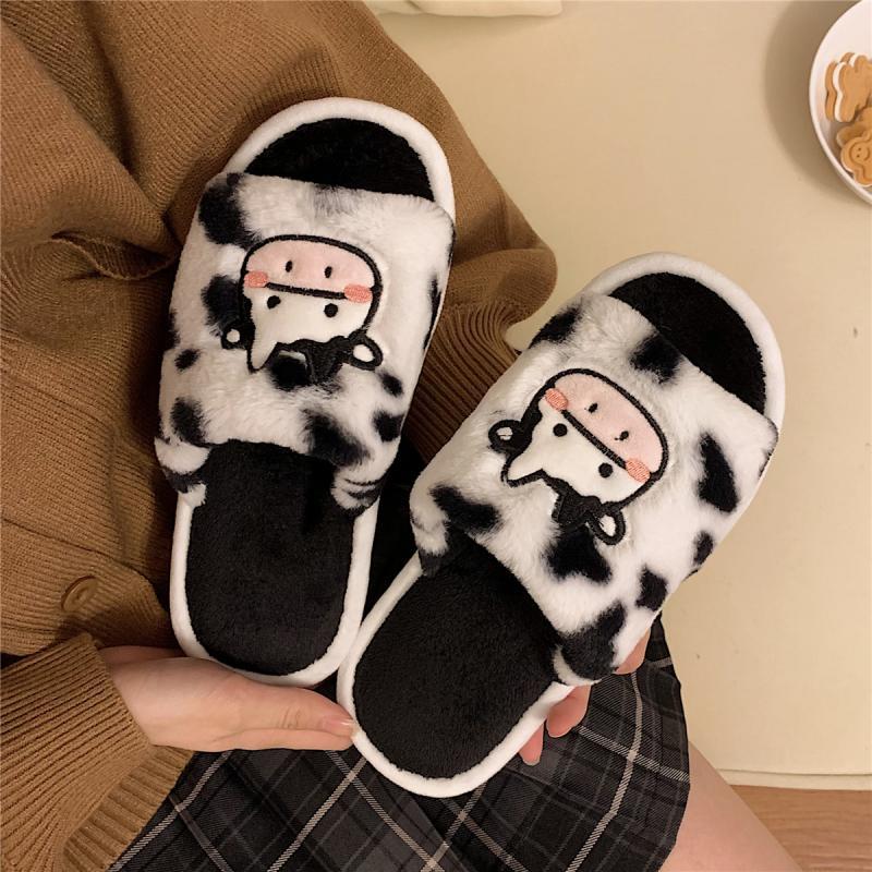 Fashion Smile Winter Warm Antiskid Wool Slippers  Household Indoor Thick-soled Plush Cotton Slippers Open Toe Cotton Slippers Cute Cow