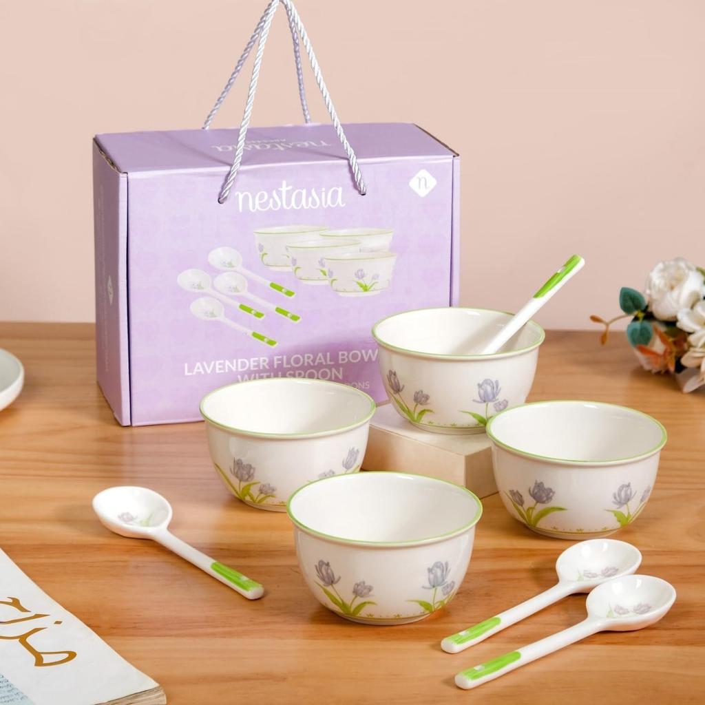 Set of 4 Ceramic Soup Bowl with Spoon (400ml) - Microwave Safe Bowl for Serving Soup, Curry, Dal, Custard, Kheer & Dessert | Floral Design Bowl Set