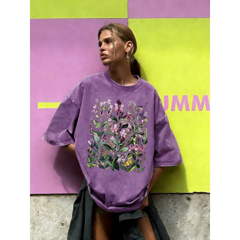 With Different Beautiful Flower Prints, Women's Washed T-shirts, Summer Loose T-shirts, Round Neck Clothes, All-match Streetwear