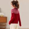 Red Fair Isle Jacquard Wool Sweater - Loose Round Neck Knit Top for Small Person