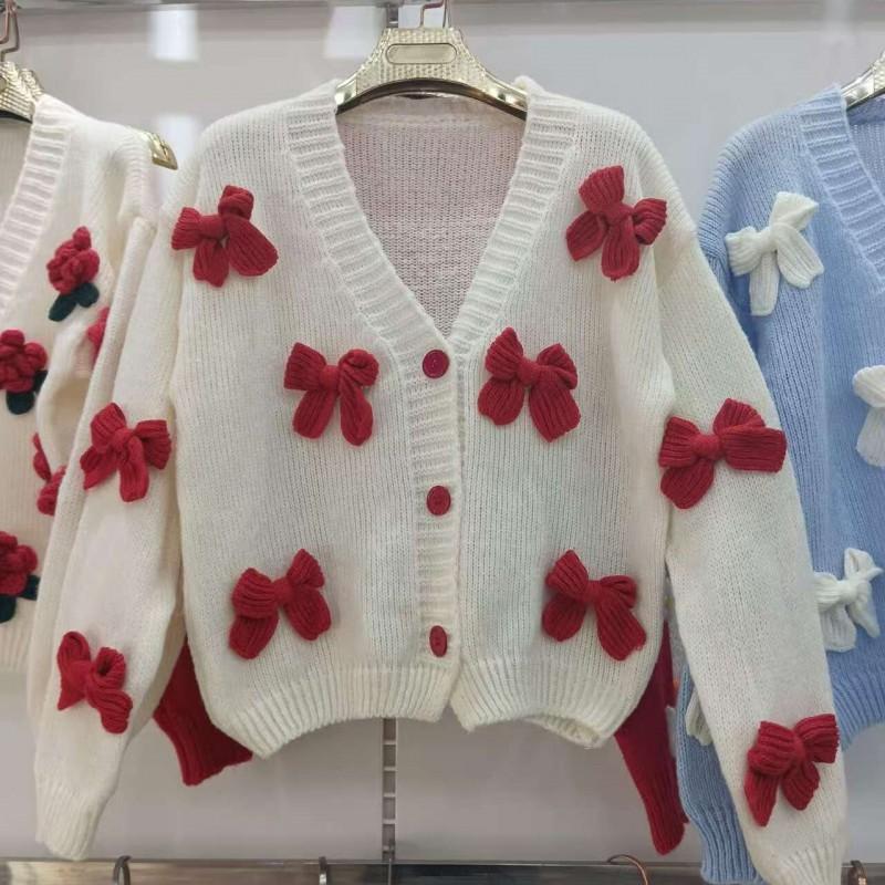 2026 Womens V-Neck Knit Cardigan Loose 3D Bow Sweater Coat Soft Warm Winter