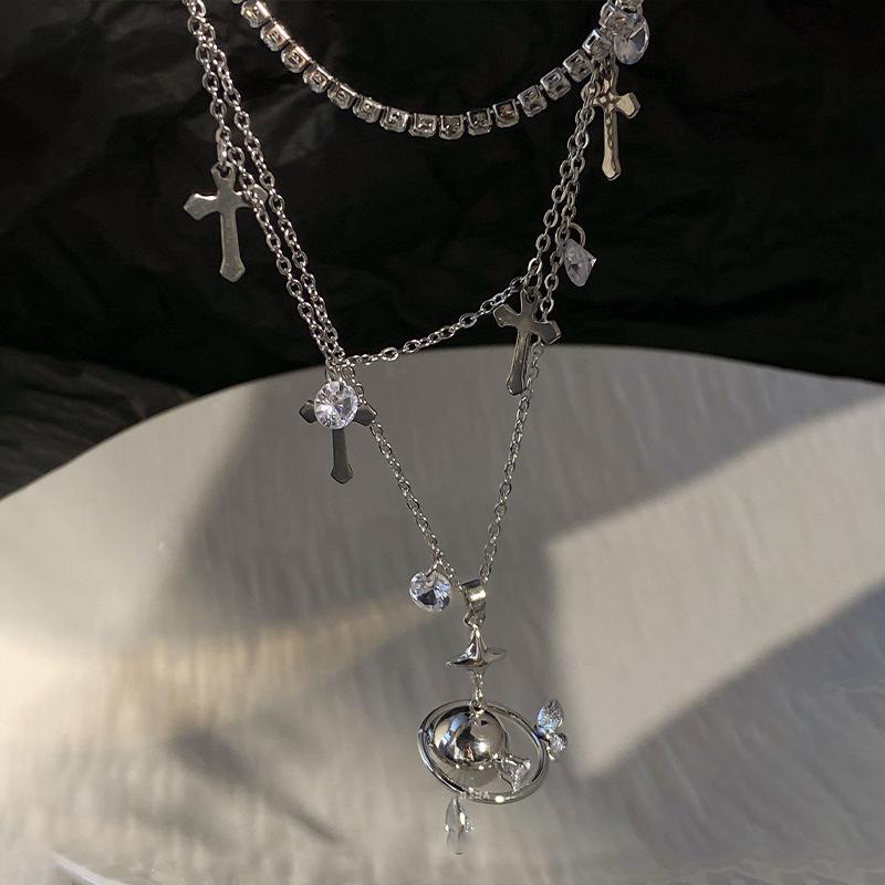 Zirconium-inlaid Three-layer Cross Planet Necklace Wind Personality Collarbone Chain Light Luxury Versatile Temperament Necklace Women