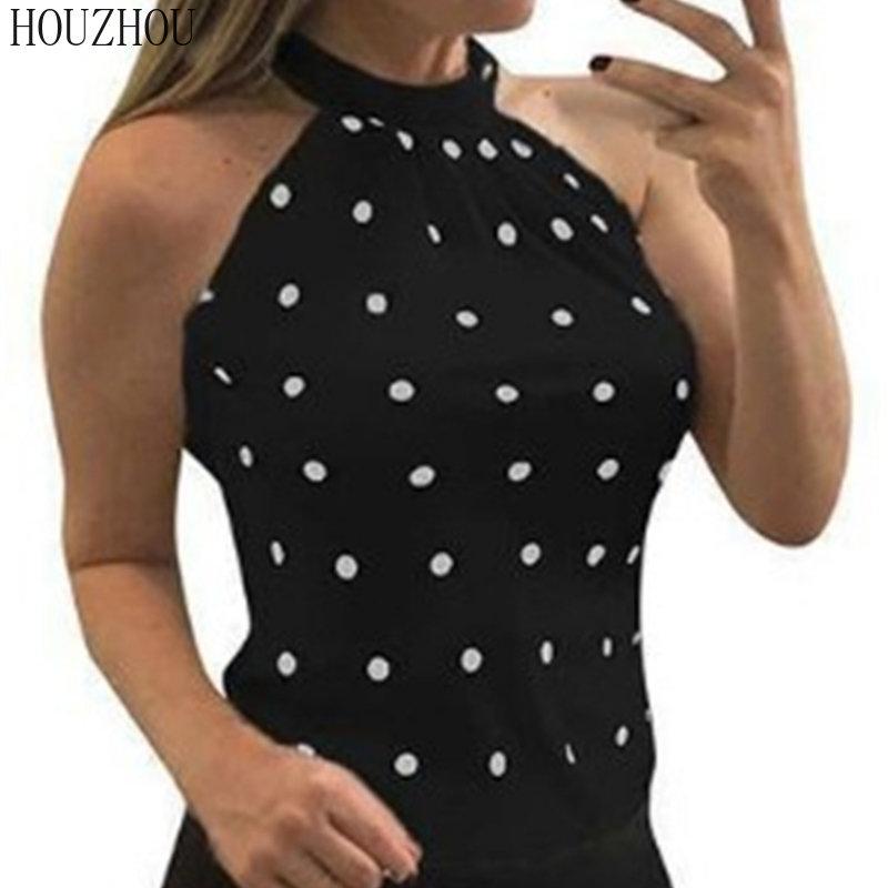 

HOUZHOU, летний жилет, женский корейский повседневный жилет без рукавов, тонкая рубашка в горошек, топы большого размера с висячим вырезом L