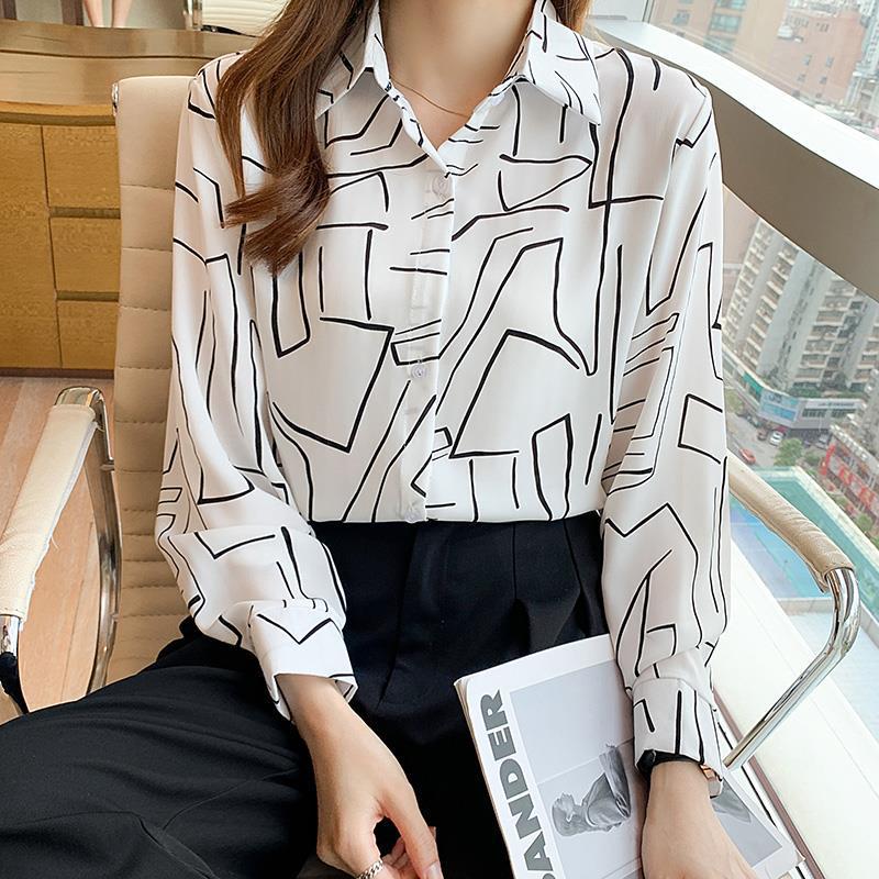 

Осенняя женская рубашка из шифона с длинным рукавом и принтом - Niche, Mature Design Small белый