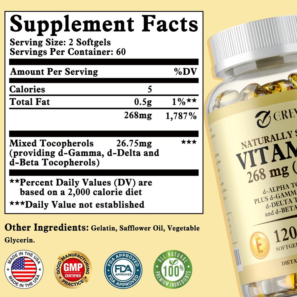 GREVIP Vitamin E Softgels support immune system health and skin nutrition.