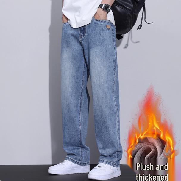 2025 Autumn Men's Blue Straight-Leg Loose Jeans, Fleece-Lined, Plus Size, American Retro Style, Thickened for Warmth.