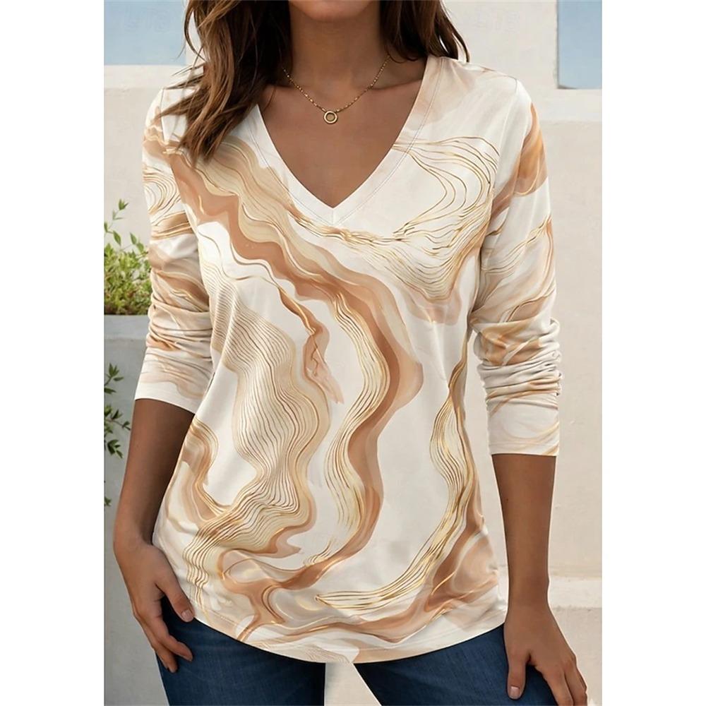 Elegant Women's Autumn Top V-Neck Vintage-Print Long-Sleeve T-Shirt Loose Comfortable and Stylish for Streetwear or Outdoor Wear