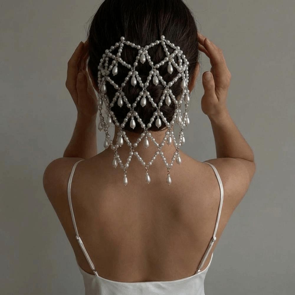 Elegant Pearl Mesh Headpiece Boho Pearl Hair Chain Vintage Beaded Headpiece Bridal Wear