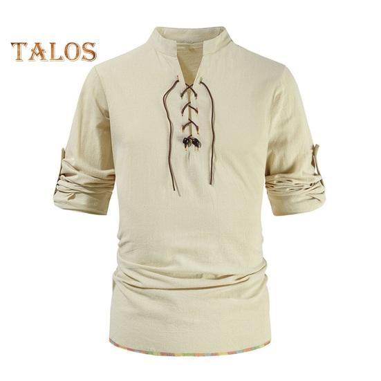 Spring Autumn Men Shirt Lace-up Stand Collar Long Sleeves Solid Color Loose Retro Medieval Mid Length Casual Commuting Office Top