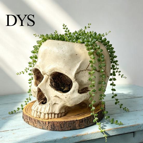 Unique Niche Decoration Halloween Retro Skull Planter, Spooky Gothic Human Head Flower Pot, Themed Art Skeleton Candy Bowl for Tabletop Home