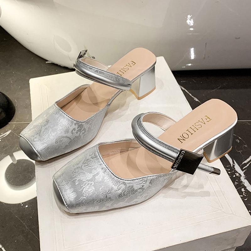 

Новый китайский стиль красивые туфли на высоком каблуке с сумкой, полушлепанцы, женские, 2025, новые летние, носить с юбкой, французские вечерние туфли 40 серебряный