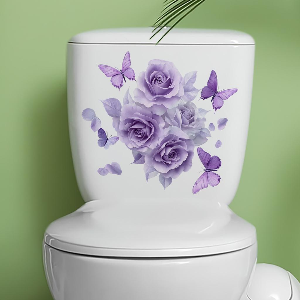 Elegant Purple Flowers and Butterfly Toilet and Wall Sticker Set Waterproof Self-Adhesive Decal for Bathroom WC Decoration