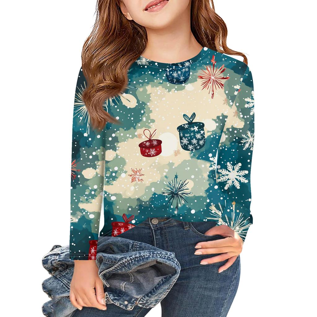 Christmas Day Girls Long Sleeve T Shirts Kids Fall Tops Crewneck Printed Basic Tees