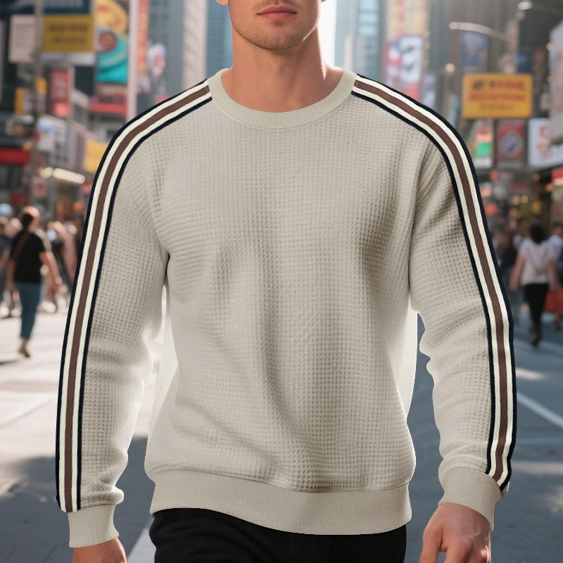 Loose Thin Seven Stripes Mens Waffle Crew Neck Casual Sports Breathable Sweatshirt