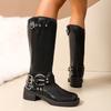 Fashion Fashion Women's Motorcycle Boots Autumn Winter Brown Pu Leather Knee High Boots Women Buckle Strap Chunky Heel Riding Boots 2025