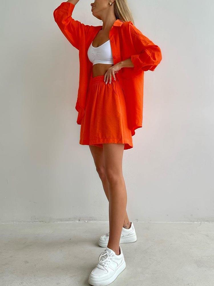 Spring & Autumn Loose-Fit Solid Color Single-Breasted Shirt and Fashion Shorts Sports Suit